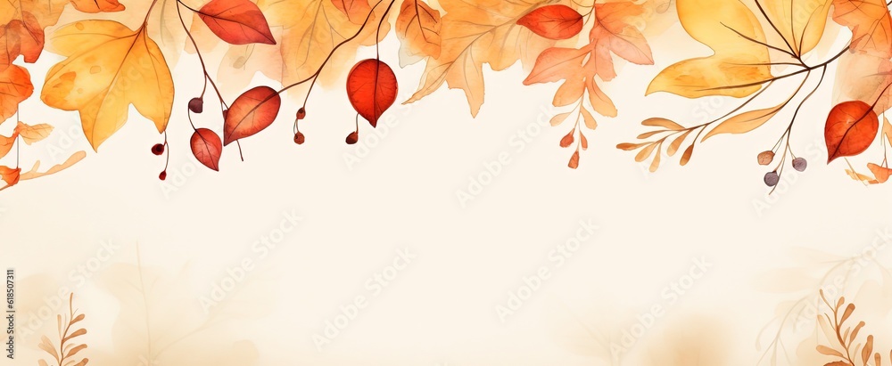 abstract Autumn foliage banner background, branch, twigs and berries, orange red color, Generative Ai