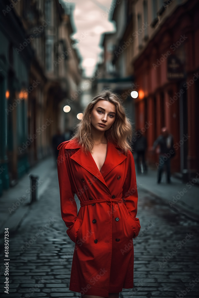 young beautiful caucasian woman in red dress walking in city center. AI Generated