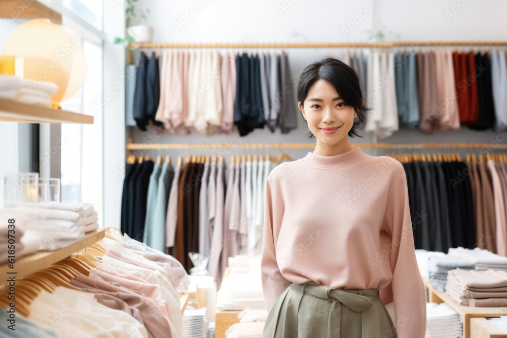 Portrait of a happy smiling Asian woman, clothing store owner Portrait of a happy smiling Asian woman, clothing store owner