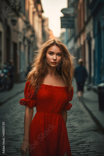 young beautiful caucasian woman in red dress walking in city center. AI Generated © EwaStudio
