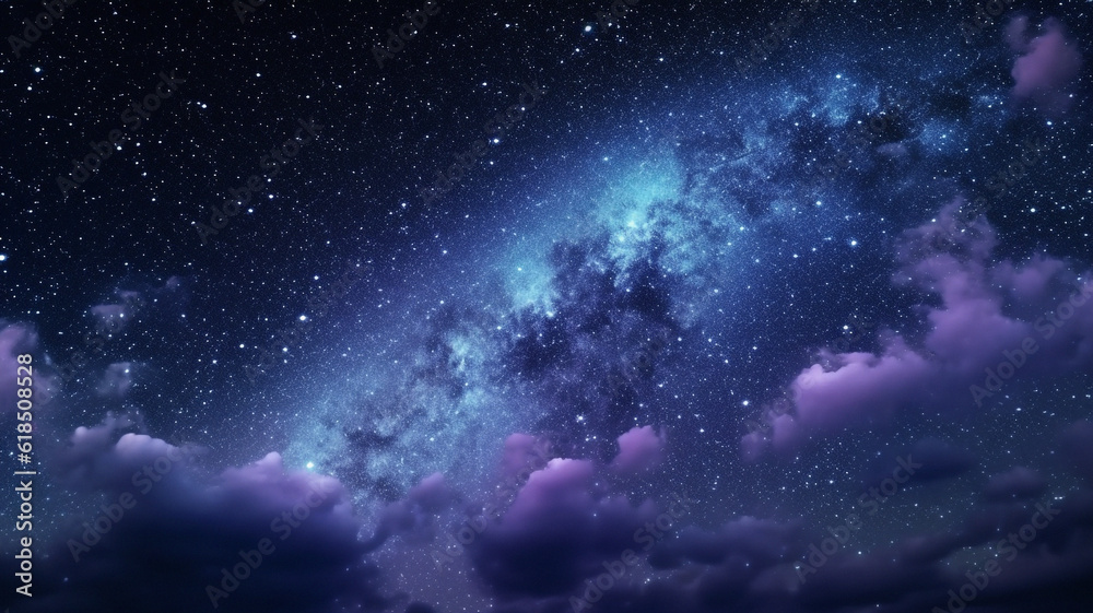 Fototapeta premium Solar system, milky way and stars at night for astrology, galaxy and space science research. Ai generated, universe and starry milkyway in dark sky for stargazing, astrophotography and background