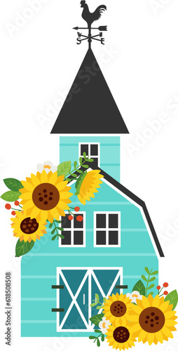 Farm House, blue, sunflowers, fall, autumn