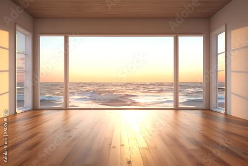 Creative interior concept. Wide large window oak wooden room gallery opening to beach sunset landscape. Template for product presentation. Mock up 