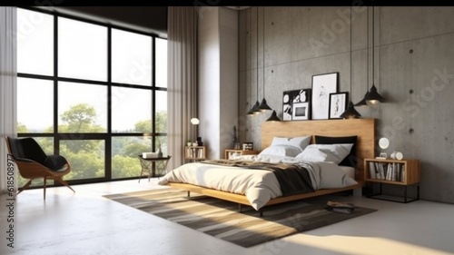 Bedroom decor, home interior design . Minimalist Scandinavian style with Large Window decorated with Concrete and Wood material . Generative AI AIG26. photo