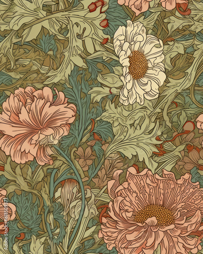 Seamless pattern with beautiful flowers in neutral pastel colors, generative ai