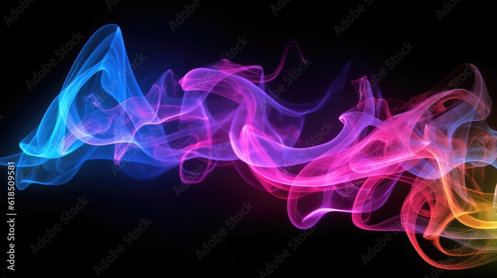 Neon glowing smoke on black background with space for copy. Generative AI Neon glowing smoke on black background with space for copy. Generative AI
