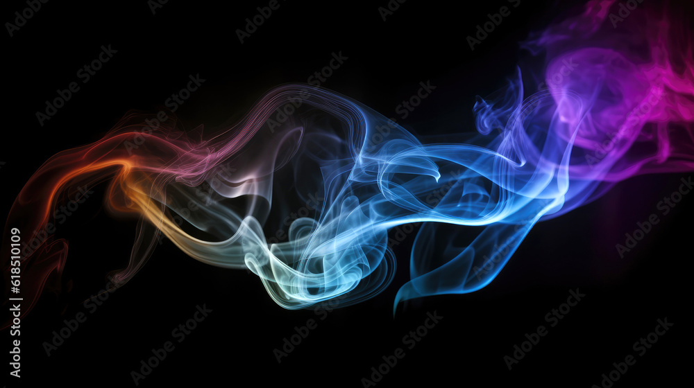 Neon glowing smoke on black background with space for copy. Generative AI Neon glowing smoke on black background with space for copy. Generative AI