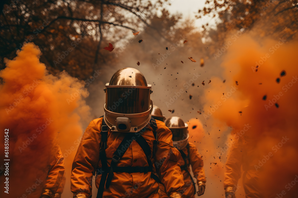 A concept of post-apocalyptic post nuclear explosion survival. A person wearing a gas mask or an astronaut helmet surrounded by smoke bomb fumes, red and orange. Generative AI Technology A concept of post-apocalyptic post nuclear explosion survival. A person wearing a gas mask or an astronaut helmet surrounded by smoke bomb fumes, red and orange. Generative AI Technology