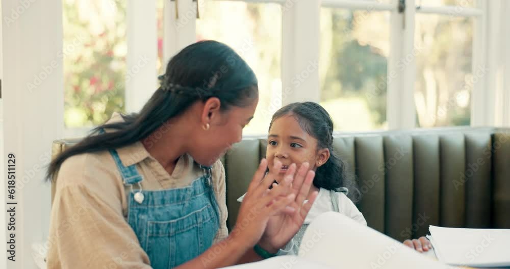Math, children learning and mother in home education, numbers support or helping at kitchen table. Mom, woman and girl for school, family teaching and hands sign, development or kindergarten language
