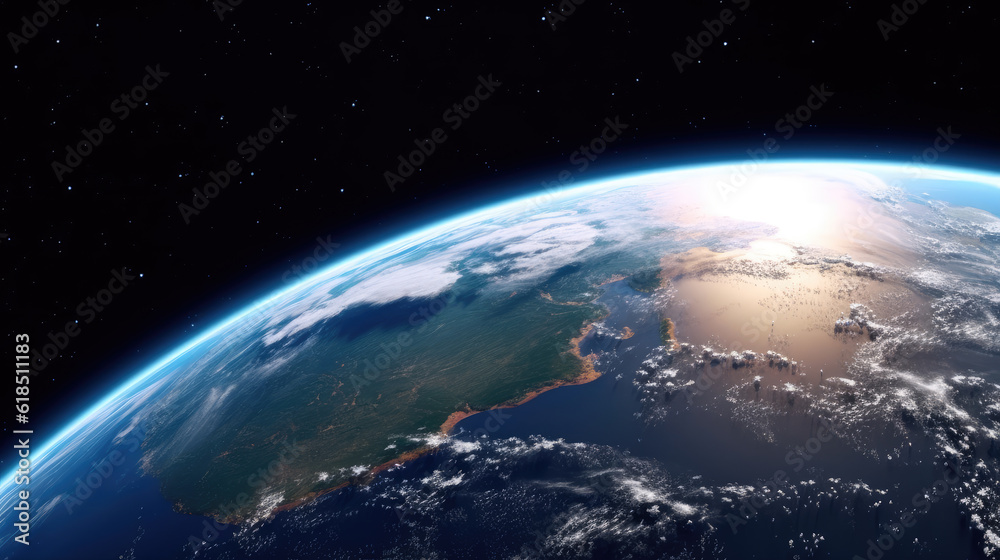 PLANET EARTH CLOSE VIEW, Space, Illuminated crust, Reflection, Wallpaper, Poster. GLOBE CLOSE VIEW. Terrestrial crust illuminated by the sun. 16:9 format. Generative AI