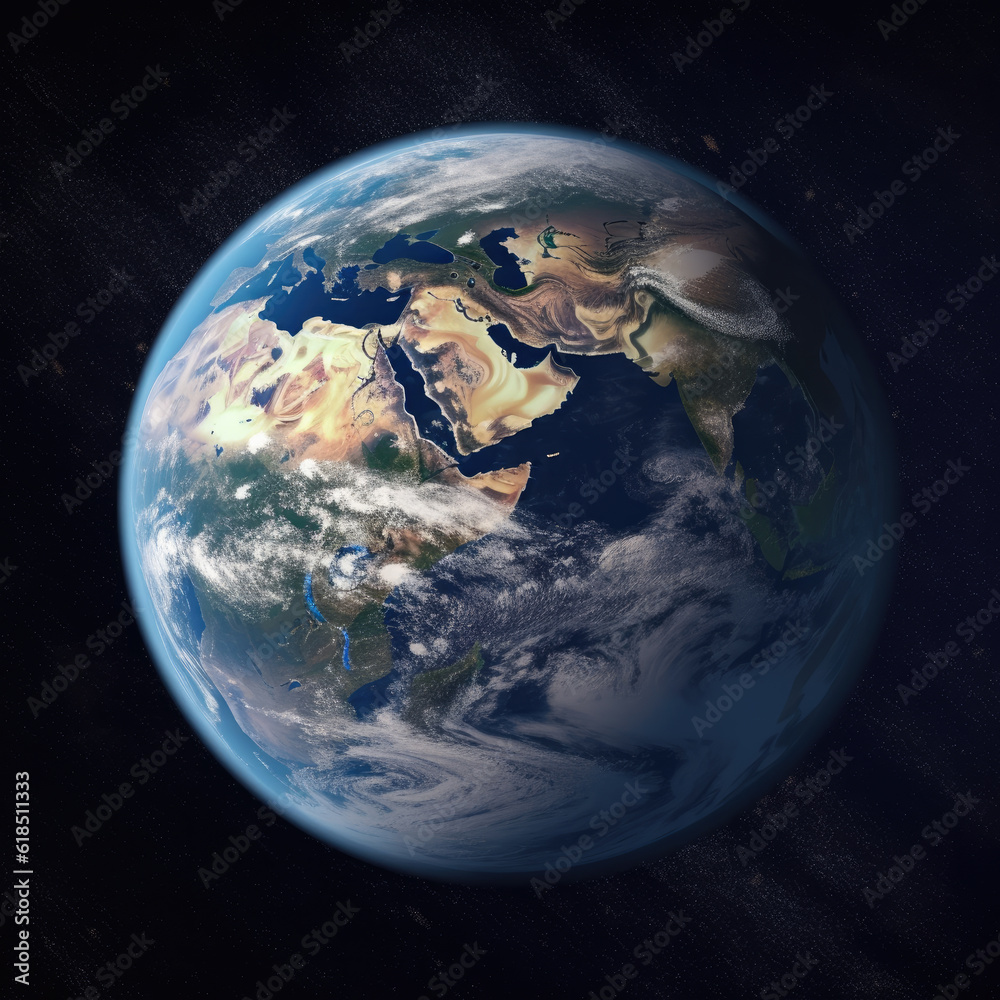 PLANET EARTH, 3D wallpaper, Entirely, Full, Complete, Three-dimensional poster, Background. Illustration of our Planet Earth in its entirety and fragility. Some distant stars. Generative AI