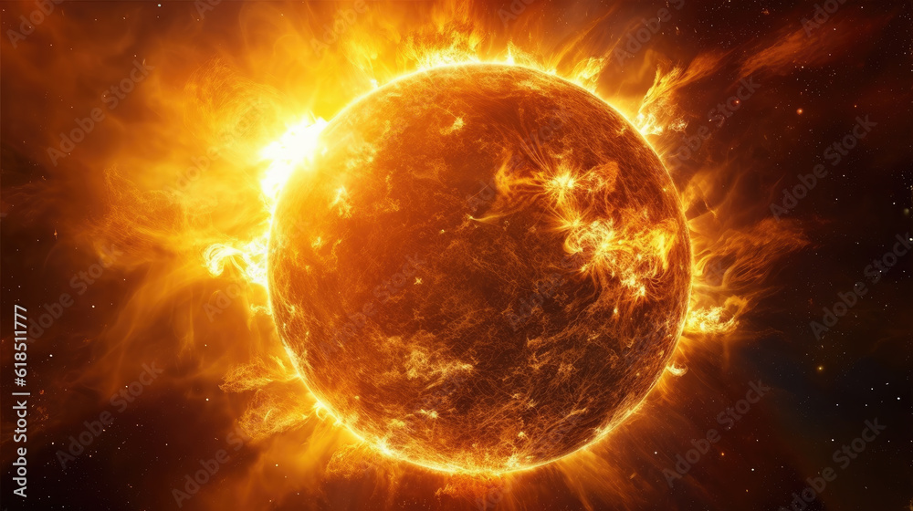 Sun 3D wallpaper, Solar wind, Storm, Three-dimensional poster, Background, Backdrop. The Sun in the space with solar winds. 16:9 scale format. Generative AI