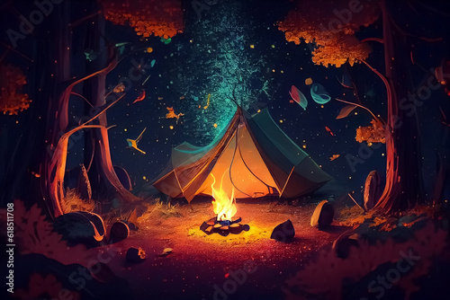 illustration of camp tent and bonfire at starry night. AI