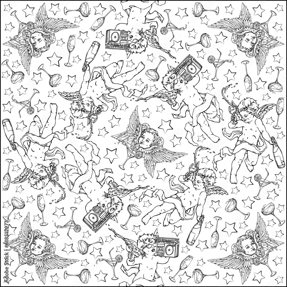 Vector composition in a square: angels, cupids, music, drinks in glasses, stars. Linear drawing in black and white. Design for a head cover or tablecloth. Vector composition in a square: angels, cupids, music, drinks in glasses, stars. Linear drawing in black and white. Design for a head cover or tablecloth.