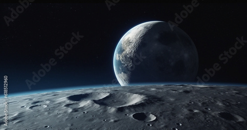 Moon  ground and world view in space  universe and galaxy for science research  astrology and planet exploration. Ai generated crater  astronomy and solar system with earth  dark sky or night mockup