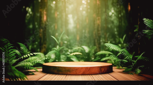 wooden podium in tropical forest for product display generative AI