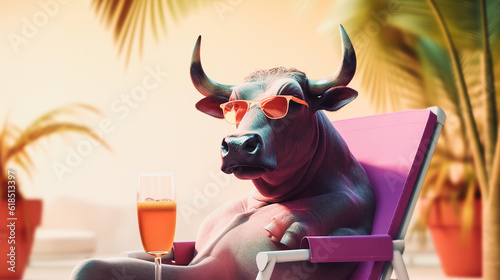 bull wearing big fashion sunglasses sitting on beach generative AI photo