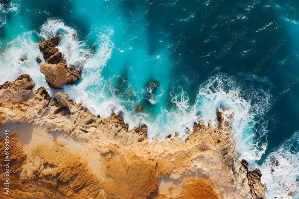 Aerial top drone view of tropical beach coastline and clear blue ocean with waves