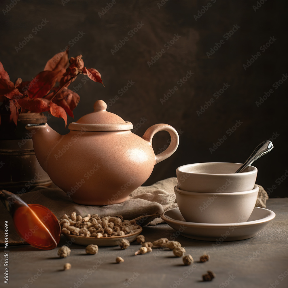 Ashwagandha Tea, A teapot filled with ashwagandha tea and a small cup for pouring, Soft natural light, warmth of the tea, neutral background tea, Warm and earthy tones. Generative AI