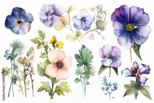 watercolor flowers isolated on white background. Generated by AI.
