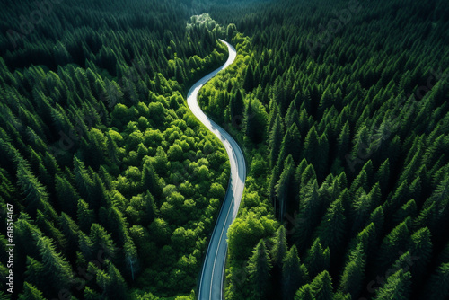 Road leading through lush pine tree green forest, aerial drone view landscape