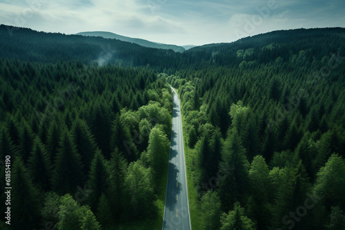 Road leading through lush pine tree green forest  aerial drone view landscape