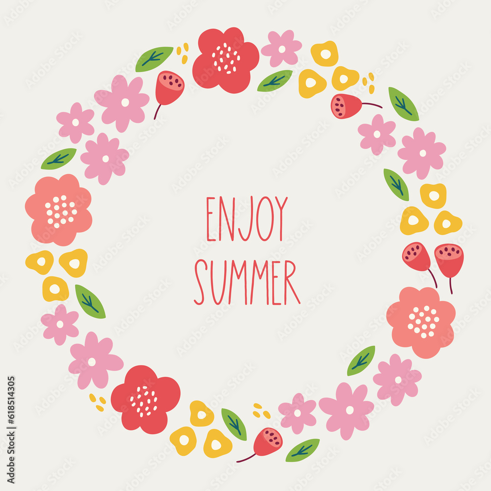 Summer greeting card with leaves and coloful blooming flowers