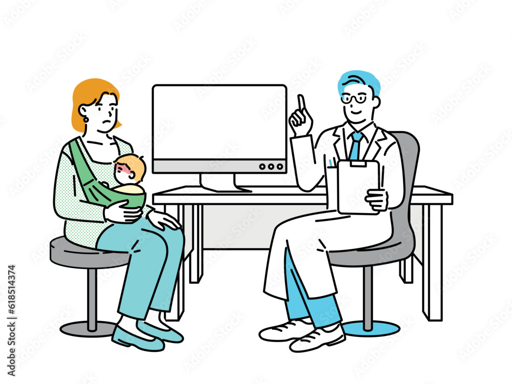 A sick child and his mom seeing a doctor at the hospital. A sick child and his mom seeing a doctor at the hospital.
