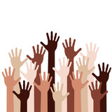 Colorful human hands up graphic banner. Symbol isolated on white background. Vector illustration