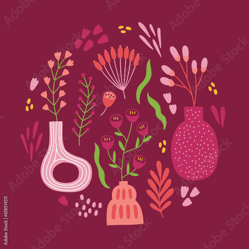 Summer greeting card with vases, berries, branches, flowers. Vector illustration