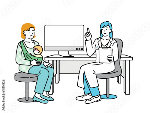 A sick child and his mom seeing a doctor at the hospital.