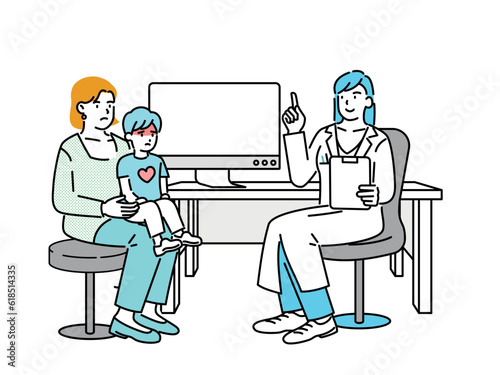 A sick child and his mom seeing a doctor at the hospital.