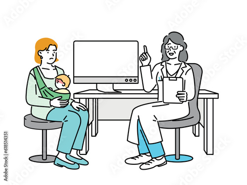 A sick child and his mom seeing a doctor at the hospital.