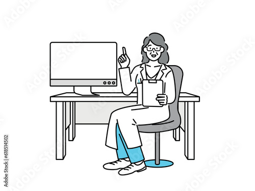A female doctor sitting in a chair, pointing her finger upward to explain.
