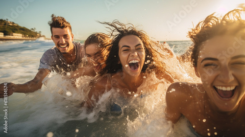 A group of friends laughing and splashing in the ocean waves, embodying carefree joy and playful camaraderie Generative AI © Наталья Евтехова