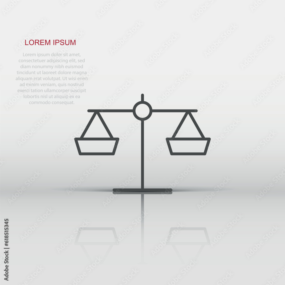 Scale balance icon in flat style. Justice vector illustration on white isolated background. Judgment business concept. Scale balance icon in flat style. Justice vector illustration on white isolated background. Judgment business concept.