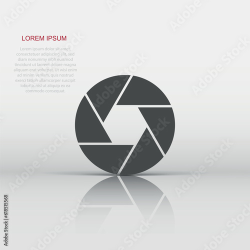 Camera diaphragm icon in flat style. Lens sign vector illustration on white isolated background. Photo snapshot business concept.