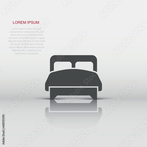 Bed icon in flat style. Bedroom sign vector illustration on white isolated background. Bedstead business concept.