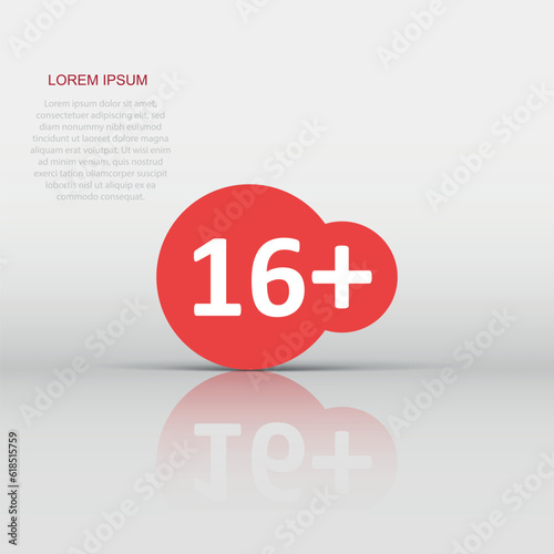 Sixteen plus icon in flat style. 16 vector illustration on white isolated background. Censored business concept.