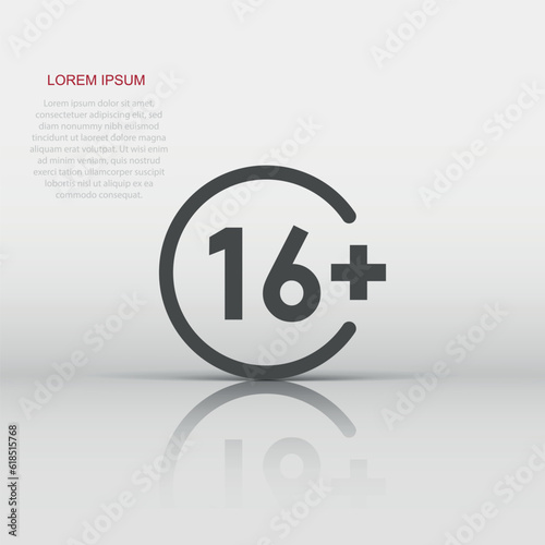 Sixteen plus icon in flat style. 16 vector illustration on white isolated background. Censored business concept.