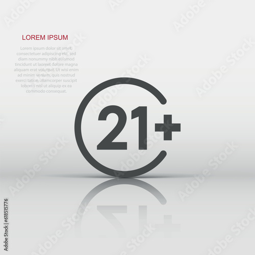 Twenty one plus icon in flat style. 21 vector illustration on white isolated background. Censored business concept.