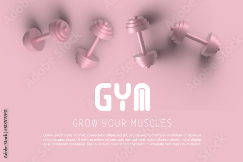 Banner with barbells dumbbells fitness realistic three-dimensional composition on pink background, crossfit logo