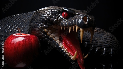 fierce black snake with red apple, Generative Ai  © QuietWord