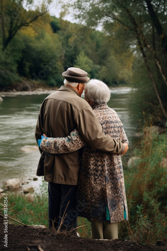 Elderly senior couple hugging while walking or traveling by the river, rear view, AI generated