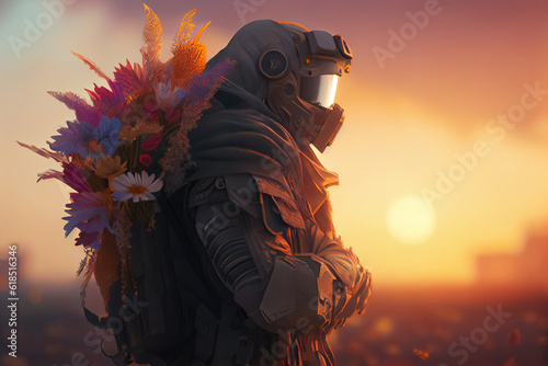 illustration of soldier in uniform holding a bouquet of flowers at sunset. AI
