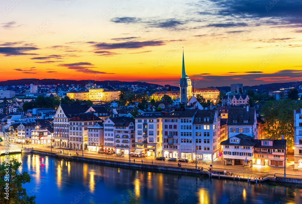 Skyline panorama on the downtown of Zurich night view, Switzerland