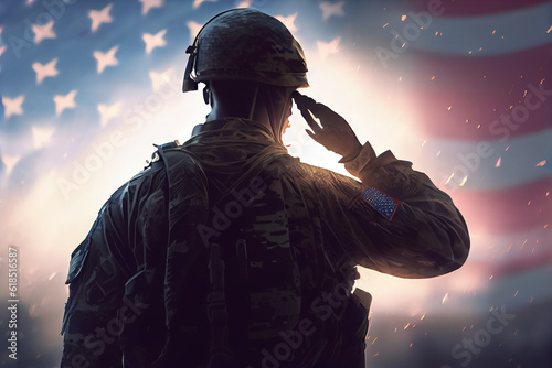 illustration of a military man salutes against the background of the American flag. ai