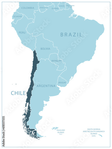 Chile - blue map with neighboring countries and names.