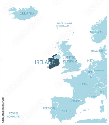 Ireland - blue map with neighboring countries and names.