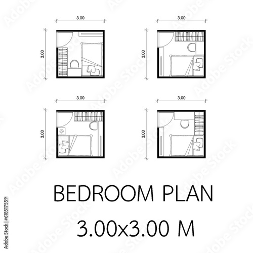 bedroom plan, size 3x3 meters